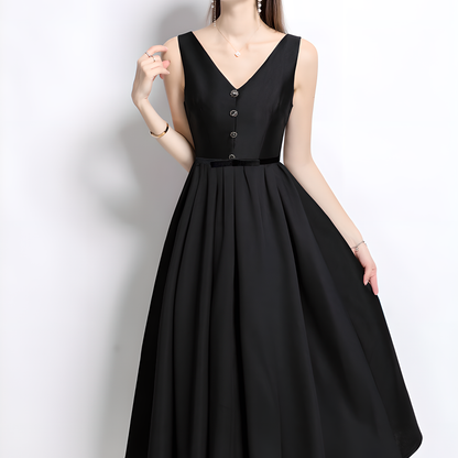 High-Waisted V-Neck Dress with Button Details