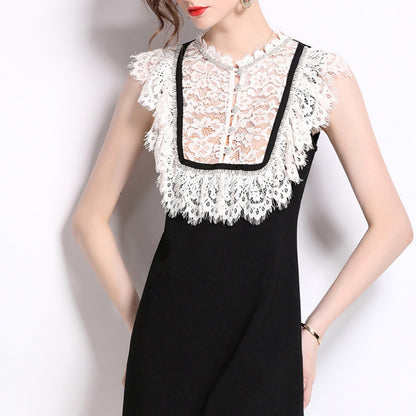 Chic Lace-Trimmed Dress with Sleek Silhouette