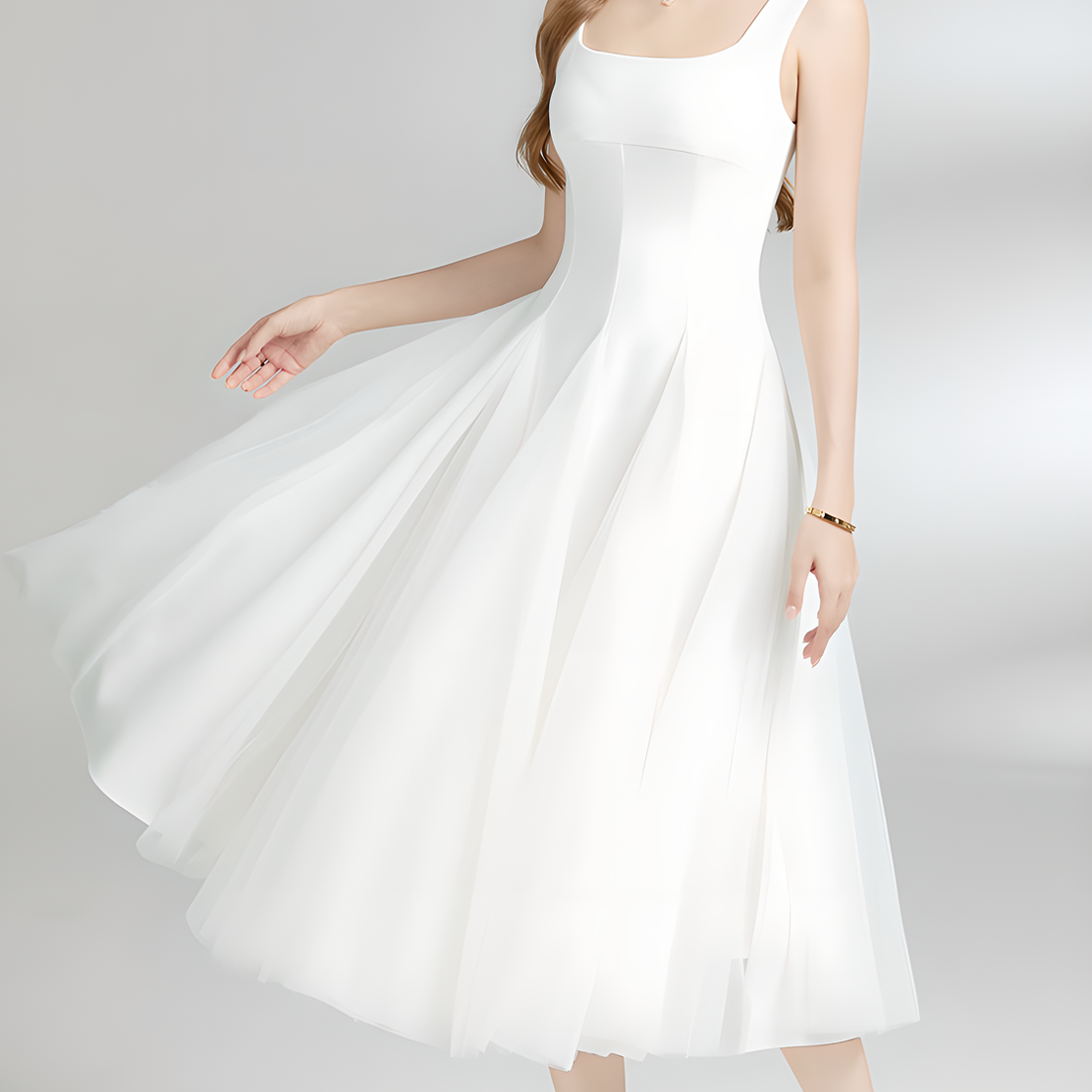 Chic White Tulle Mesh Midi Dress