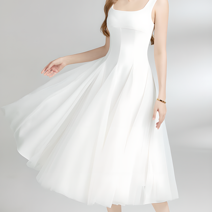 Chic White Tulle Mesh Midi Dress