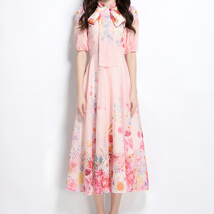 Royal-Inspired Floral Print Dress with Bow Tie