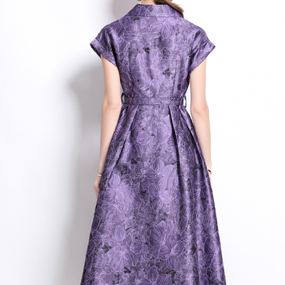 Elegant Floral Jacquard Dress with Belt