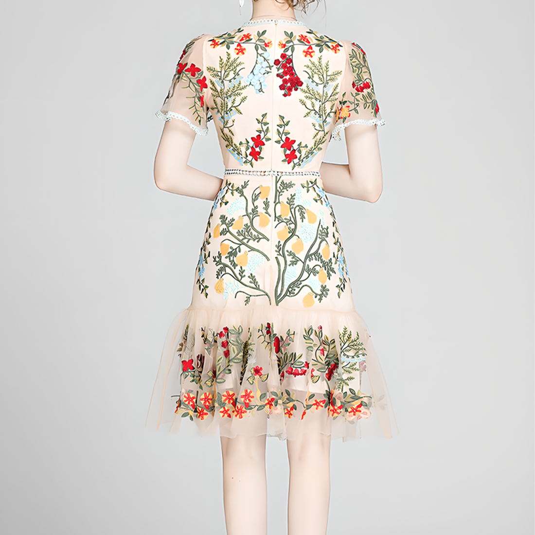 Floral Embroidered Mesh Short-Sleeve Dress