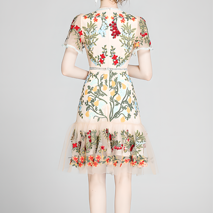 Floral Embroidered Mesh Short-Sleeve Dress