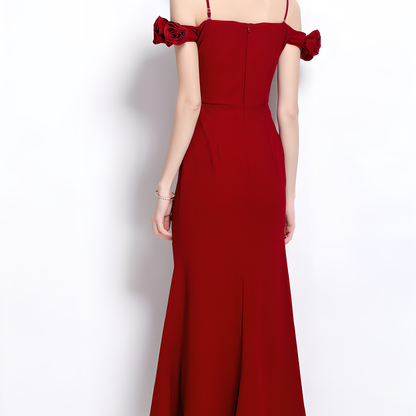 Elegant Red Off-the-Shoulder Floral Dress