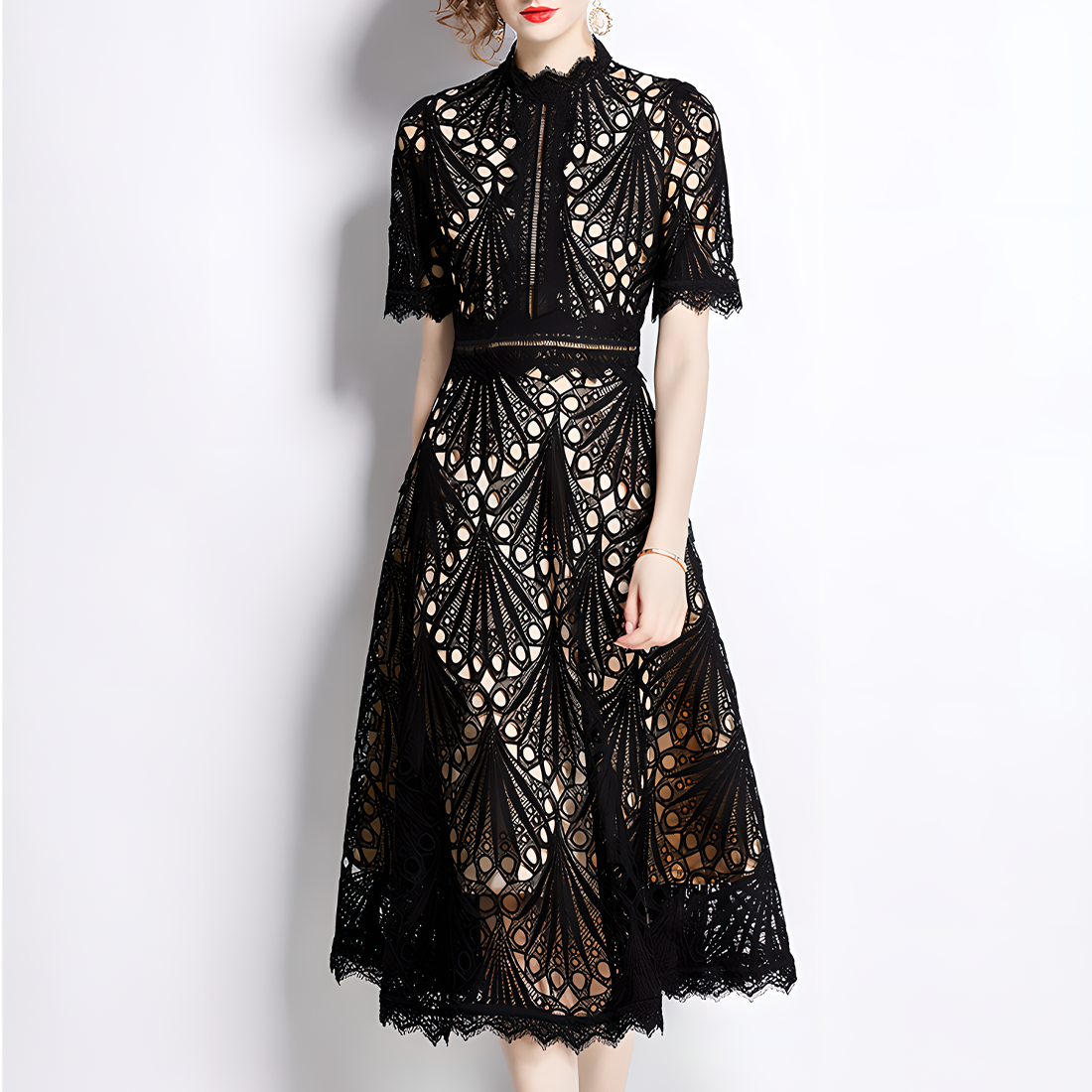 French Lace Dress with Fan-Shaped Patterns