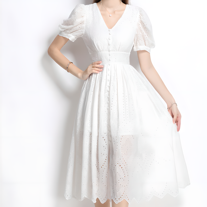 Casual White Lace Dress with Puff Sleeves