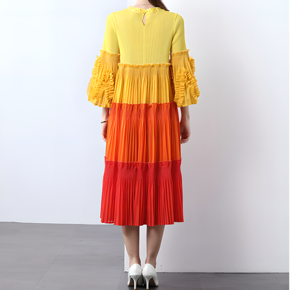 Elegant and Fashionable Pleated Dress with Ruffled Sleeves