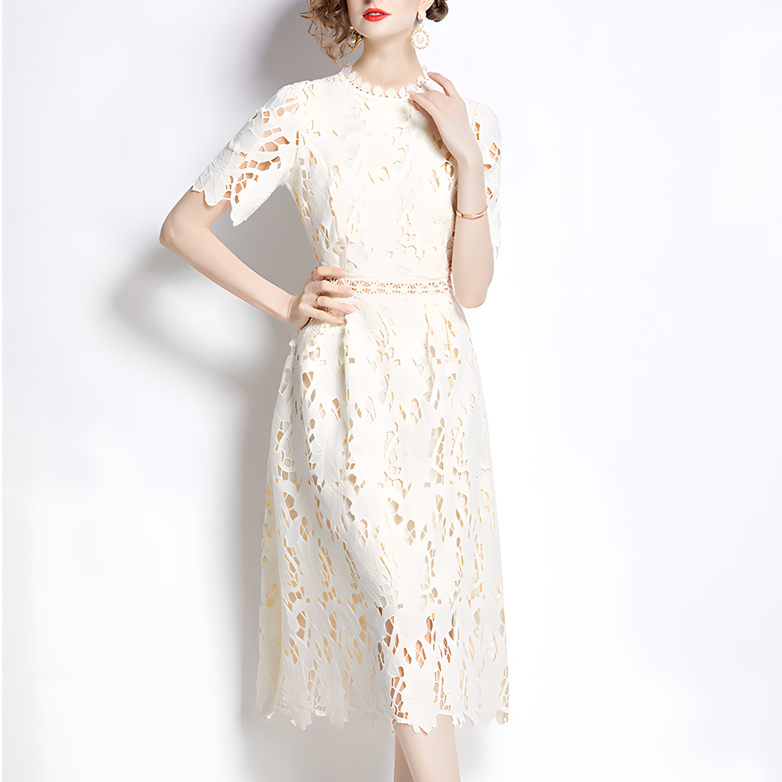 Beige Luxury Lace Dress with Short Sleeves