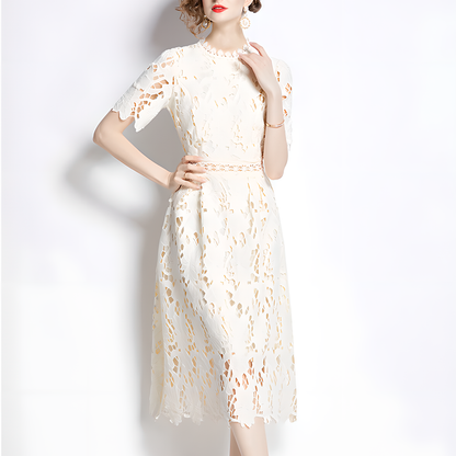 Beige Luxury Lace Dress with Short Sleeves