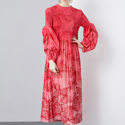 Elegant Long Sleeve Loose Slimming Pleated Dress