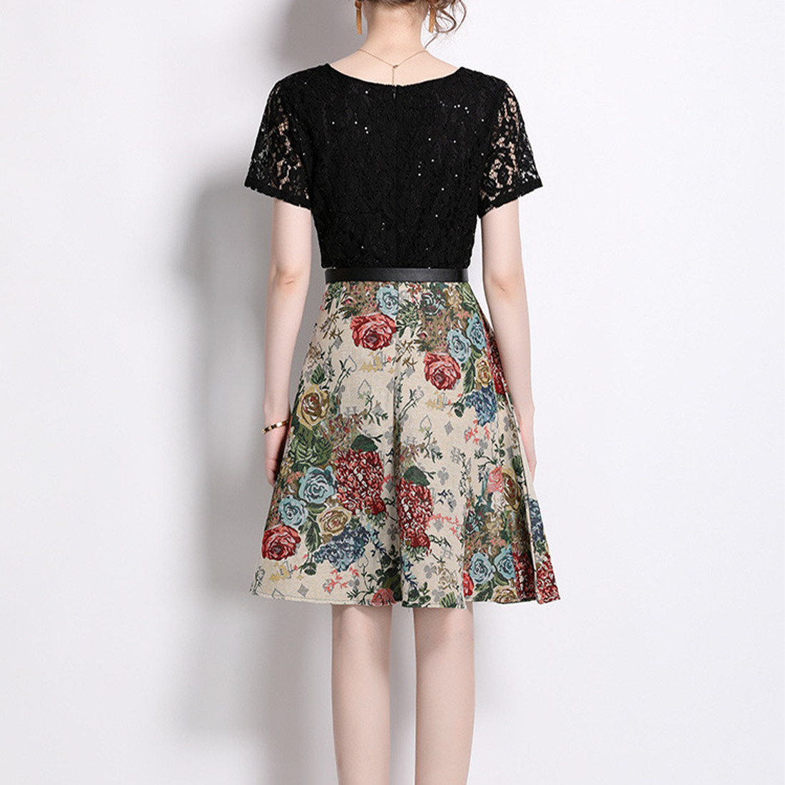 Elegant Black Lace & Floral Print A-Line Dress