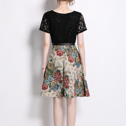 Elegant Black Lace & Floral Print A-Line Dress