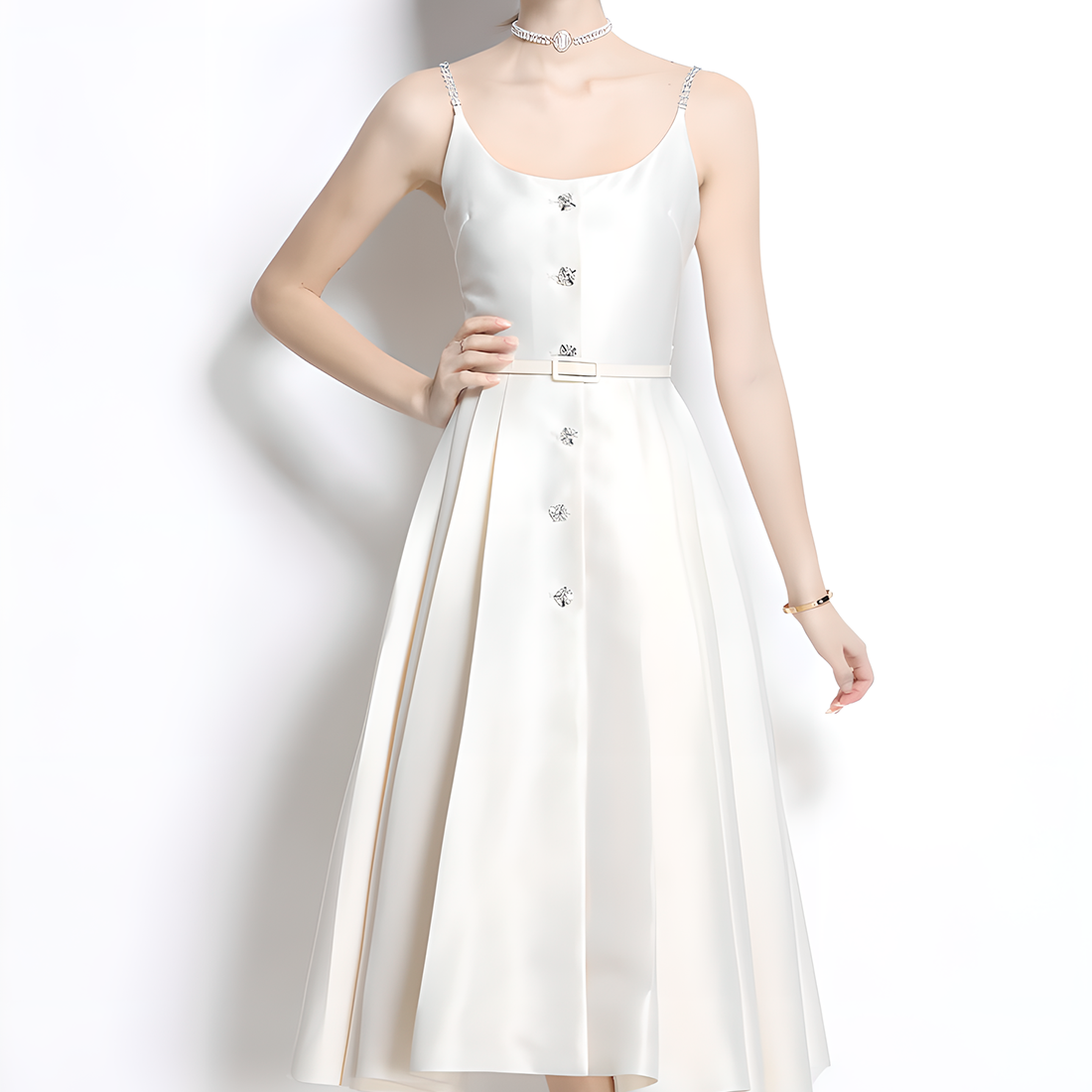 Luxury Midi Dress with Crystal-Embellished Straps