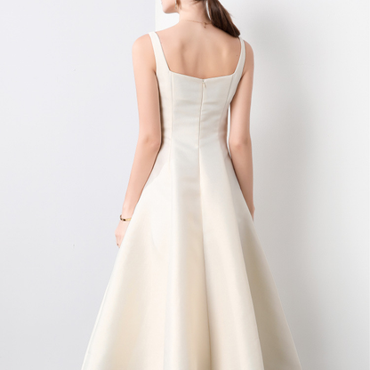 Elegant Square Neck Satin Midi Dress - Beige