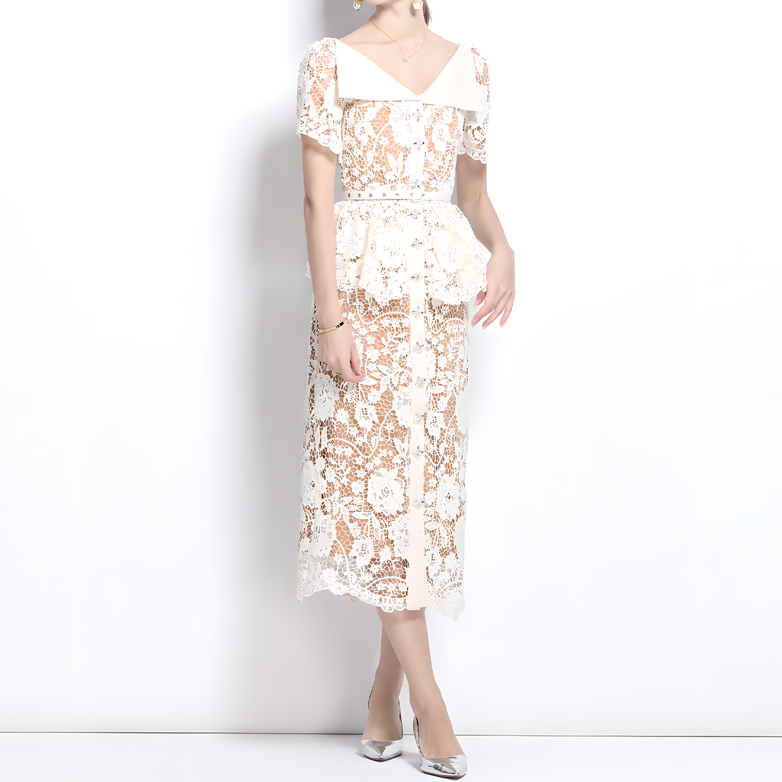 Crystal Button Hollow Lace Dress