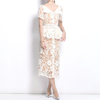 Crystal Button Hollow Lace Dress