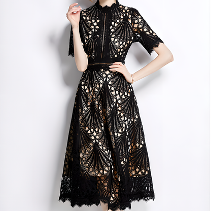 French Lace Dress with Fan-Shaped Patterns