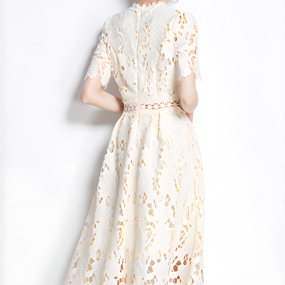 Beige Luxury Lace Dress with Short Sleeves