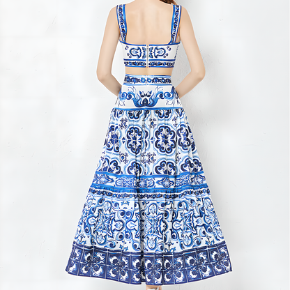 Blue and White Porcelain Print Two-Piece Set