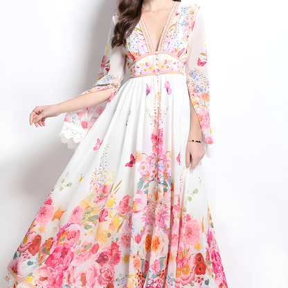 Floral Print Midi Dress with V-Neck and Flared Sleeves