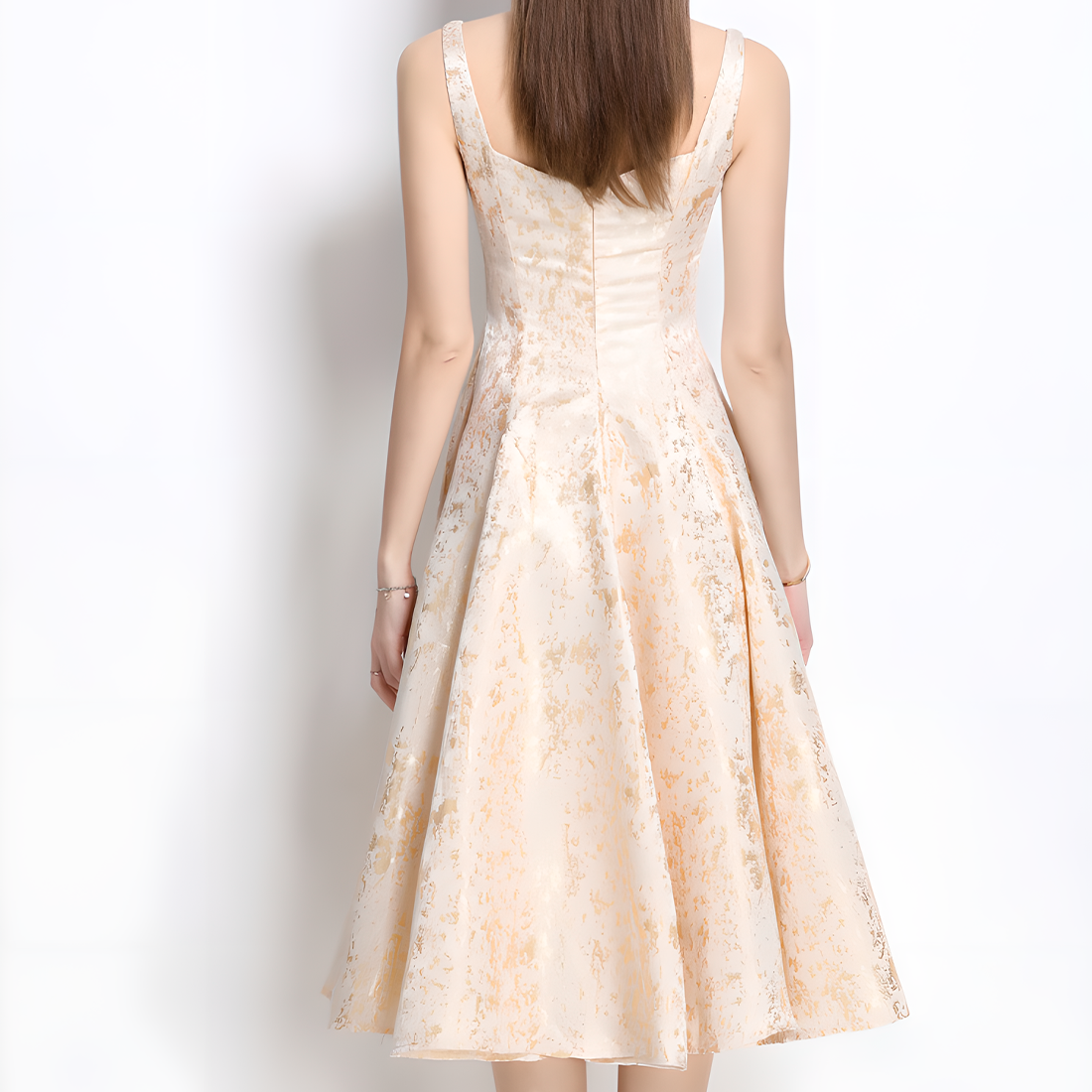 French Square Neckline Dress With Gold Floral Pattern