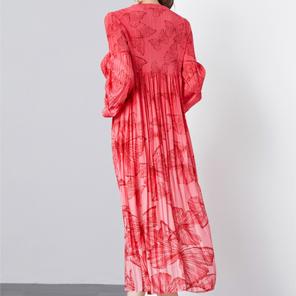 Elegant Long Sleeve Loose Slimming Pleated Dress