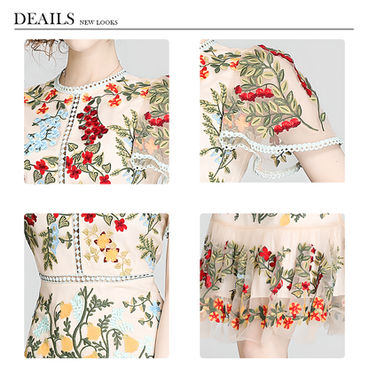 Floral Embroidered Mesh Short-Sleeve Dress