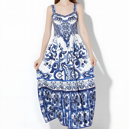 Charming Floral Printed Inspired Spaghetti Strap Midi Dress