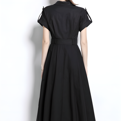Black Short-Sleeve Shirt Dress with Belt