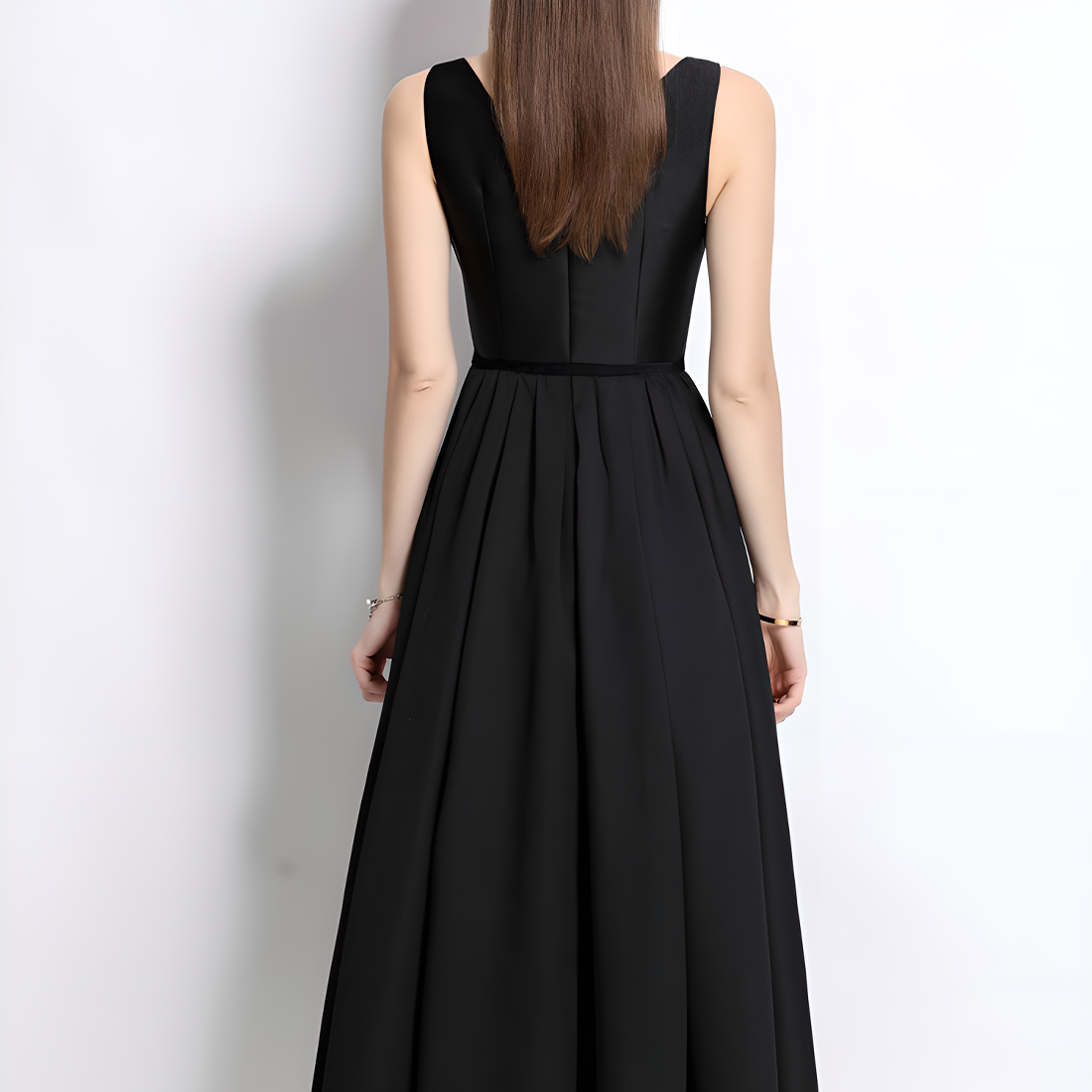 High-Waisted V-Neck Dress with Button Details