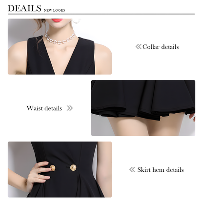 Luxury V-Neck Sleeveless Dress with Gold Buttons