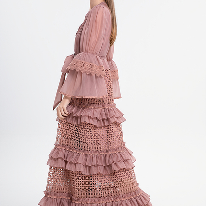 French Vintage Lace Patchwork Bell Sleeve Dress