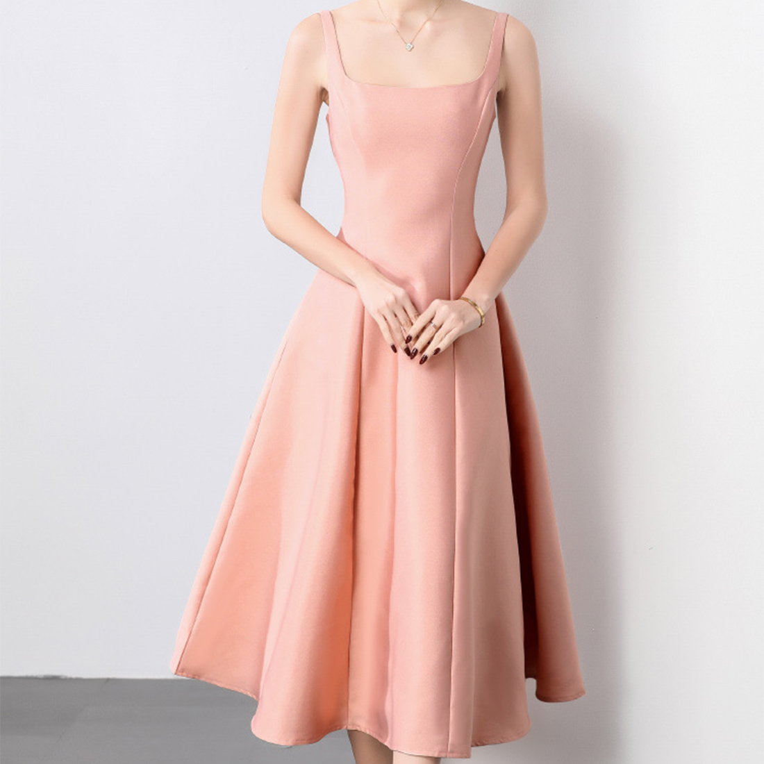 Elegant Square Neck Satin Midi Dress - Pink