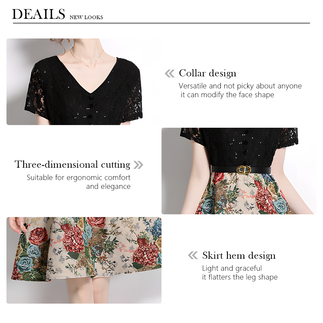 Elegant Black Lace & Floral Print A-Line Dress