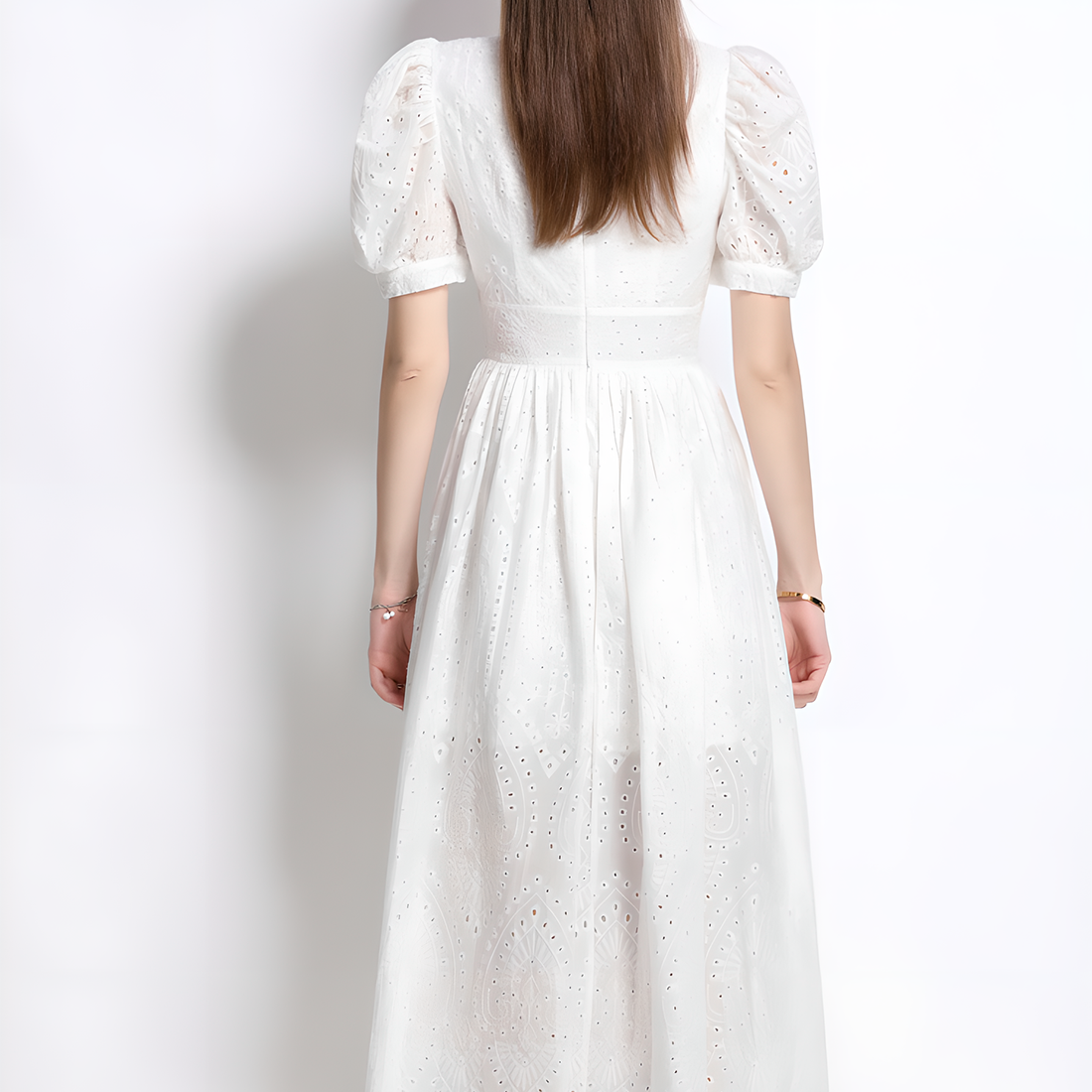 Casual White Lace Dress with Puff Sleeves