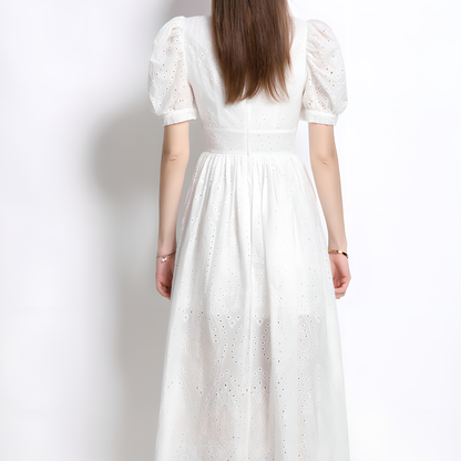 Casual White Lace Dress with Puff Sleeves
