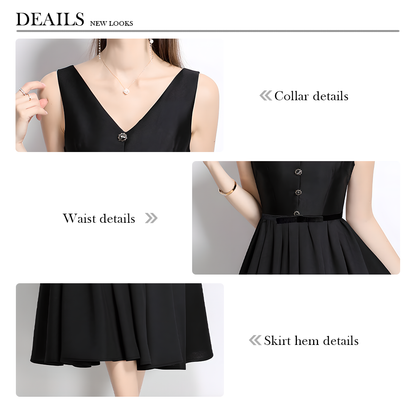 High-Waisted V-Neck Dress with Button Details