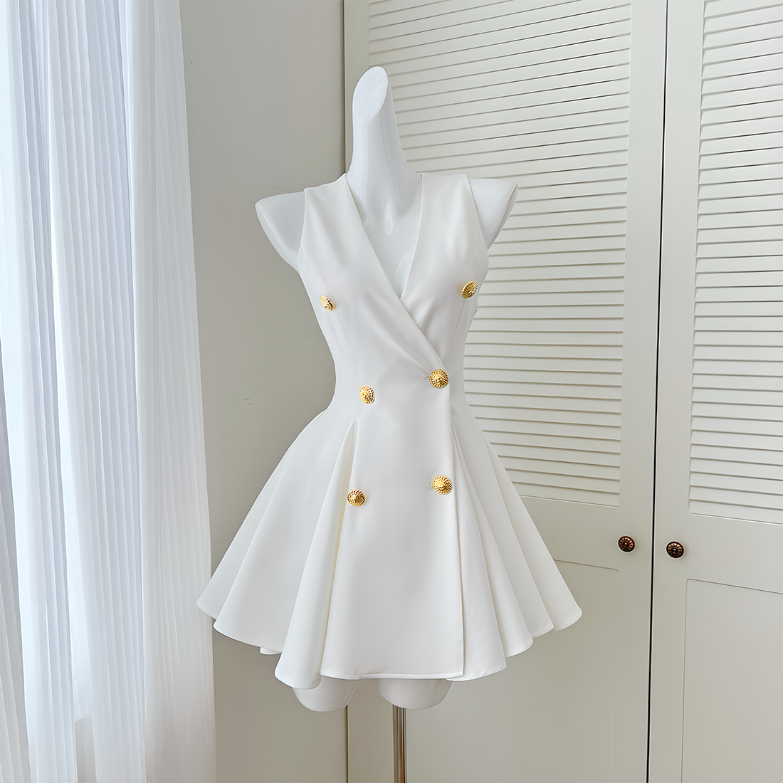 Luxury V-Neck Sleeveless Dress with Gold Buttons