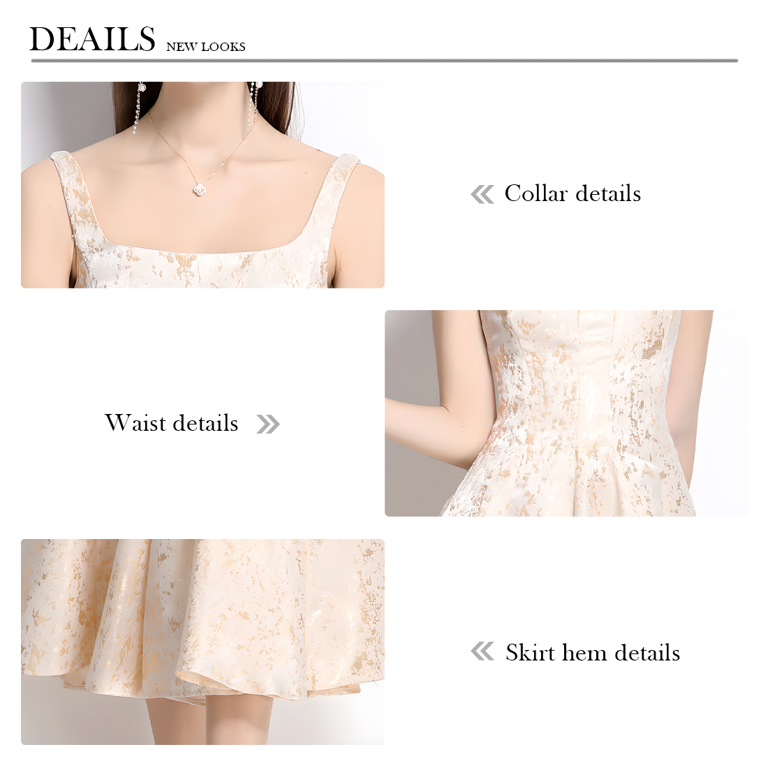 French Square Neckline Dress With Gold Floral Pattern