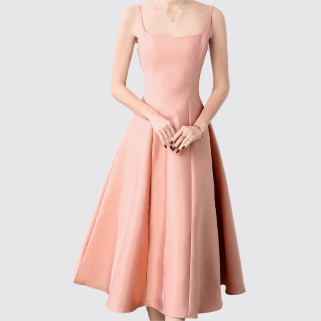 Elegant Square Neck Satin Midi Dress - Pink
