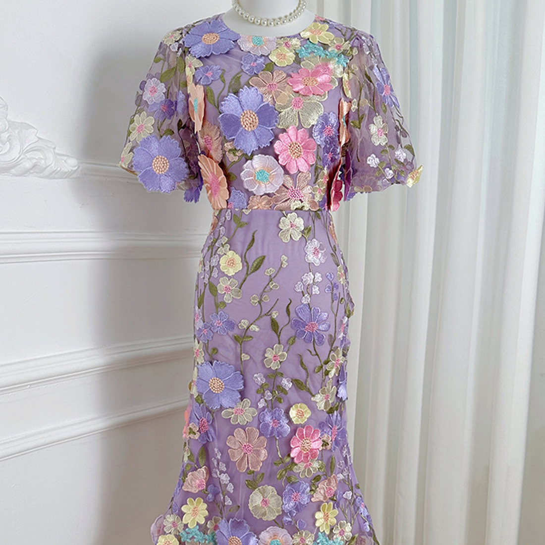 Floral Embroidered Lantern Sleeve Dress