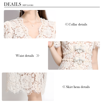 Rhinestone Bow Lace Sheath Dress