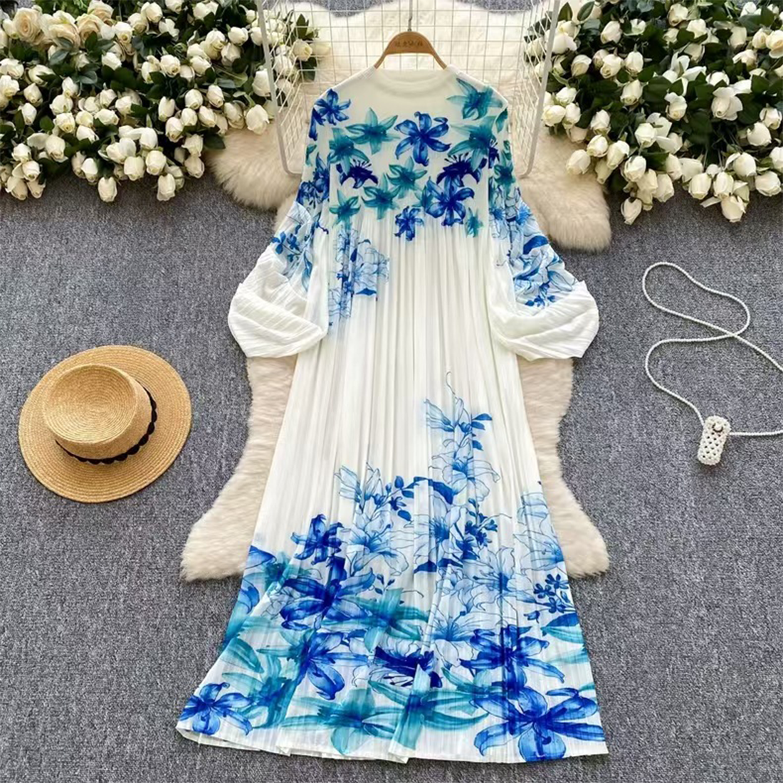 Elegant Long Sleeve Loose Slimming Pleated Dress