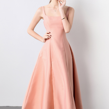 Elegant Square Neck Satin Midi Dress - Pink