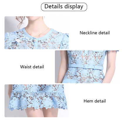 Elegant Lace Short Sleeve Dress with Crystal Buttons