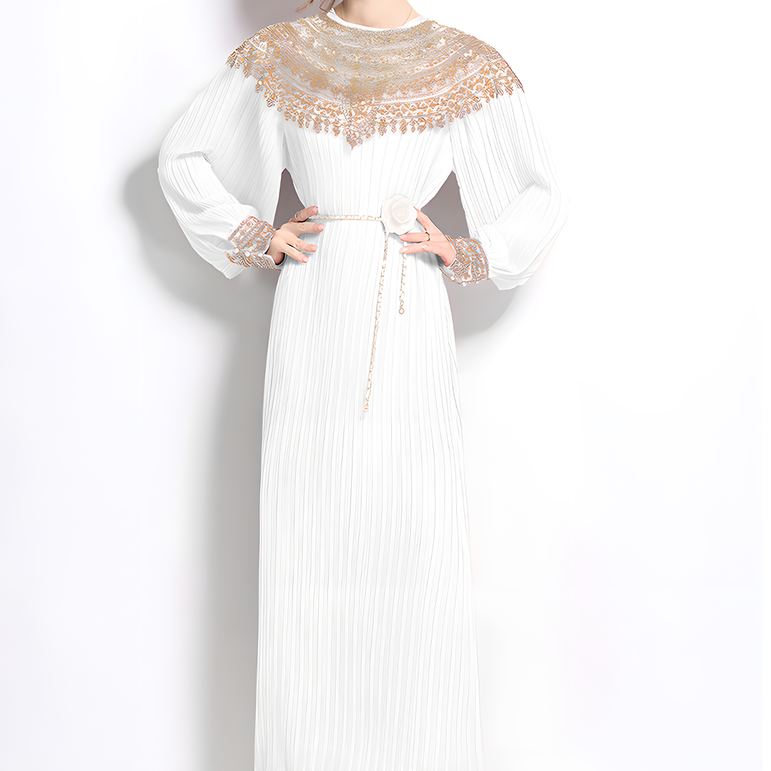 High-End Sequined Gown with Lantern Sleeves