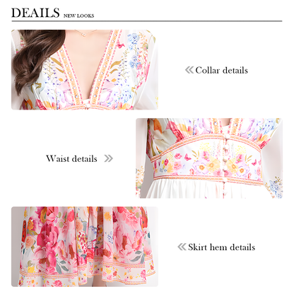 Floral Print Midi Dress with V-Neck and Flared Sleeves