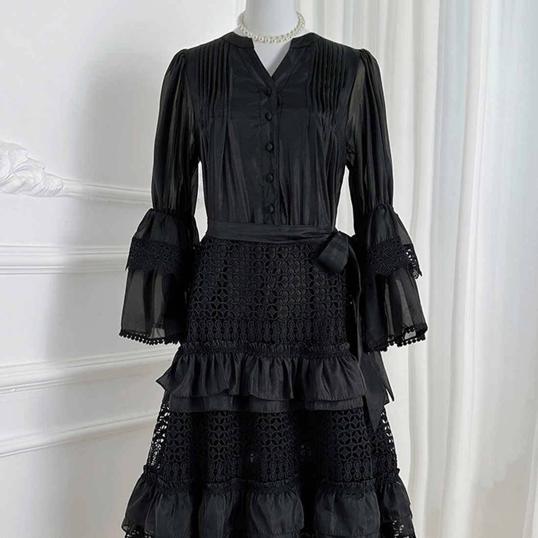 French Vintage Lace Patchwork Bell Sleeve Dress