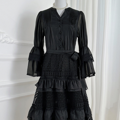 French Vintage Lace Patchwork Bell Sleeve Dress